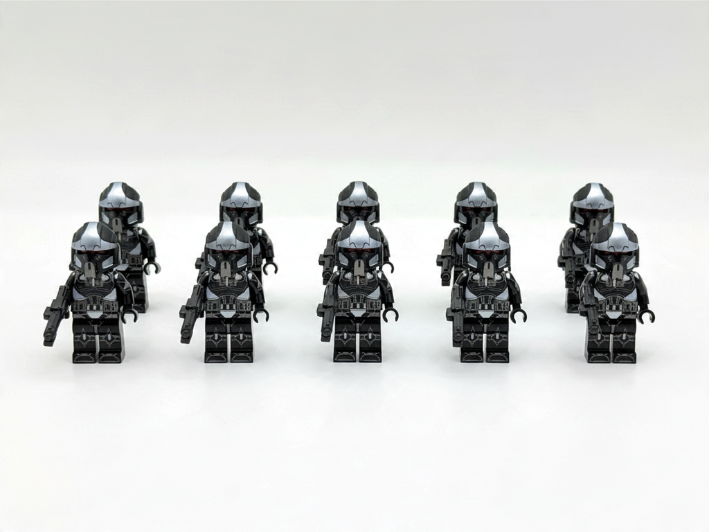 JMFCustoms Star Wars Phase 2 Shadow Clone Pilot Trooper minifigures in black and grey armor with blasters
