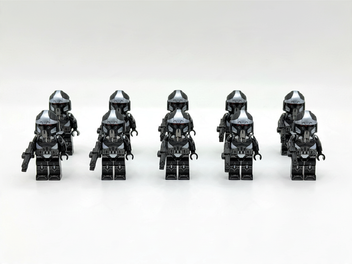 JMFCustoms Star Wars Phase 2 Shadow Clone Pilot Trooper minifigures in black and grey armor with blasters