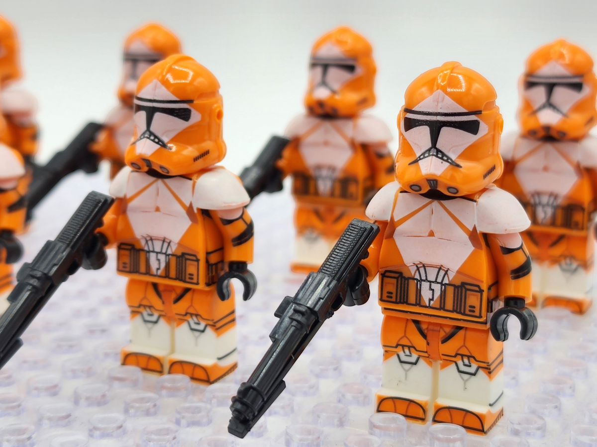 JMFCustoms Star Wars Phase 2 Bomb Squad Clone Trooper custom minifigures in orange and white armor with blasters