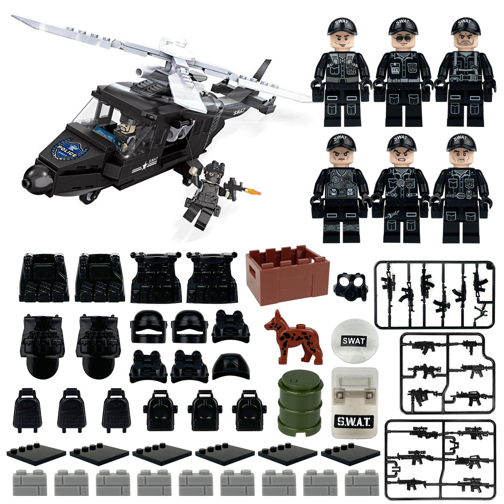 SWAT Team Special Forces 6 Custom Minifigures + Helicopter - D3
