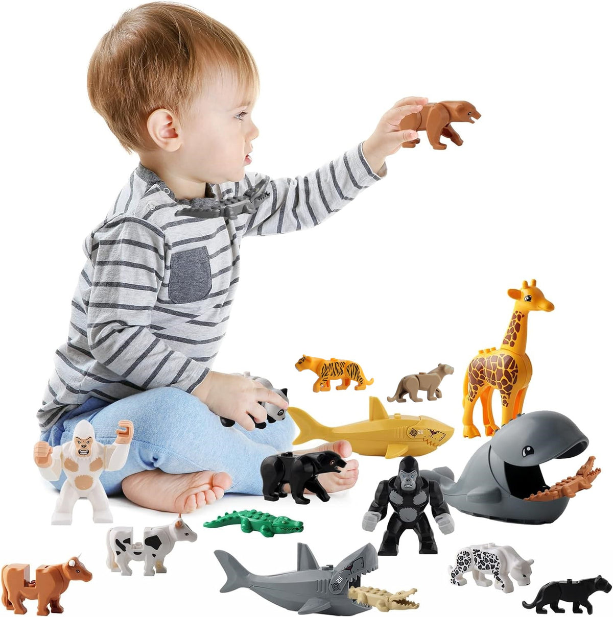 24 PCS Animals Building Block Toys, Animal Figures, Jungle Zoo Animal Bricks Toy with Orangutan, Panda, Giraffe, Accessories Bricks