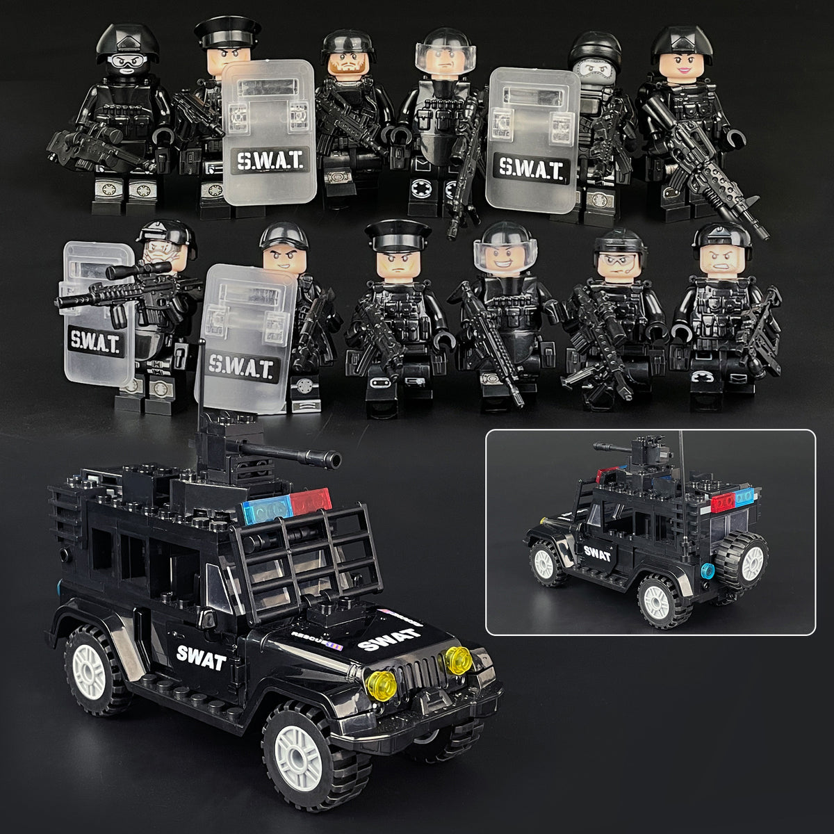 SWAT Team Special Forces 12 Custom Minifigures + Jeep - E12
