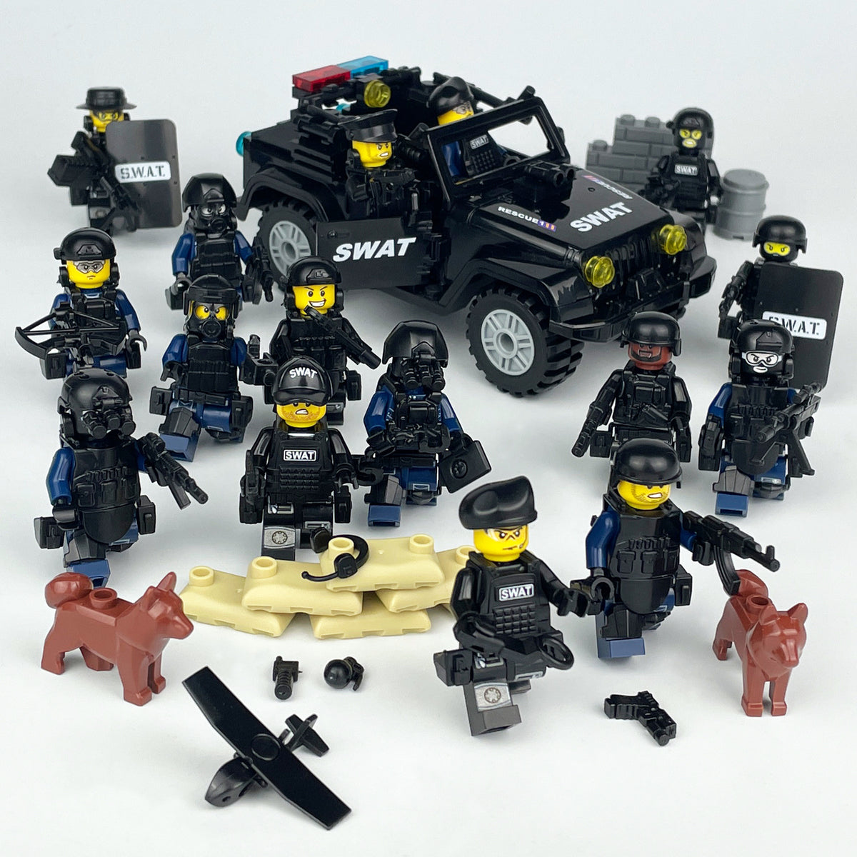 SWAT Team Special Forces 16 Custom Minifigures + Jeep - E2