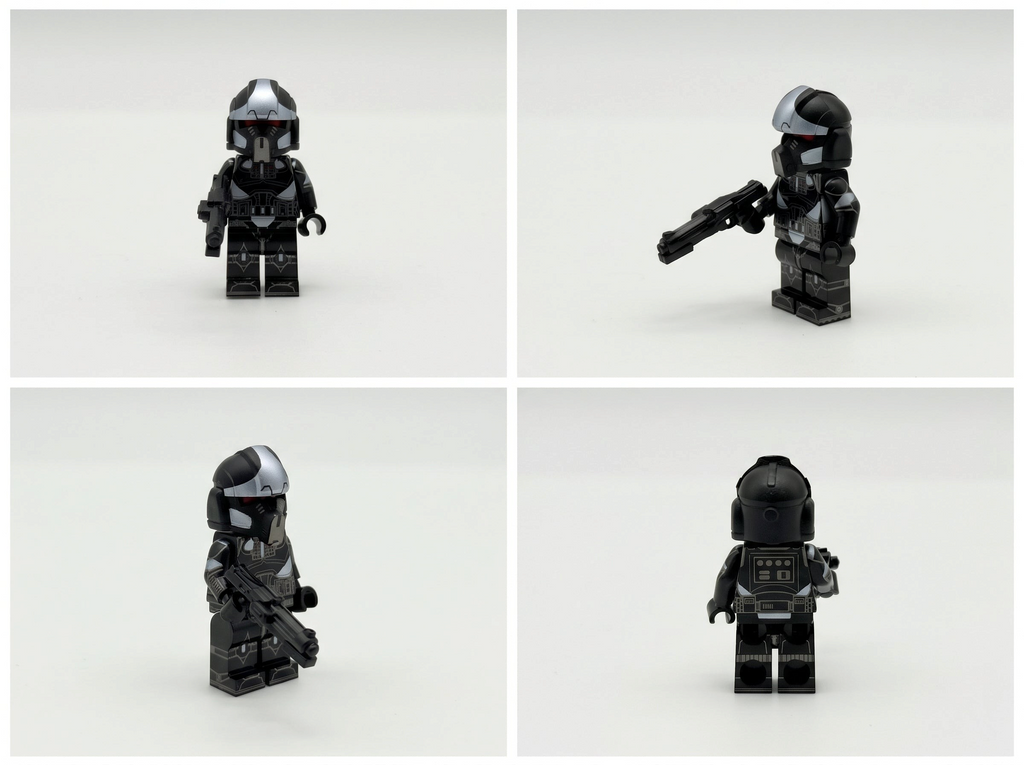 JMFCustoms Star Wars Phase 2 Shadow Clone Pilot trooper minifigure in black and silver armor with blaster accessory