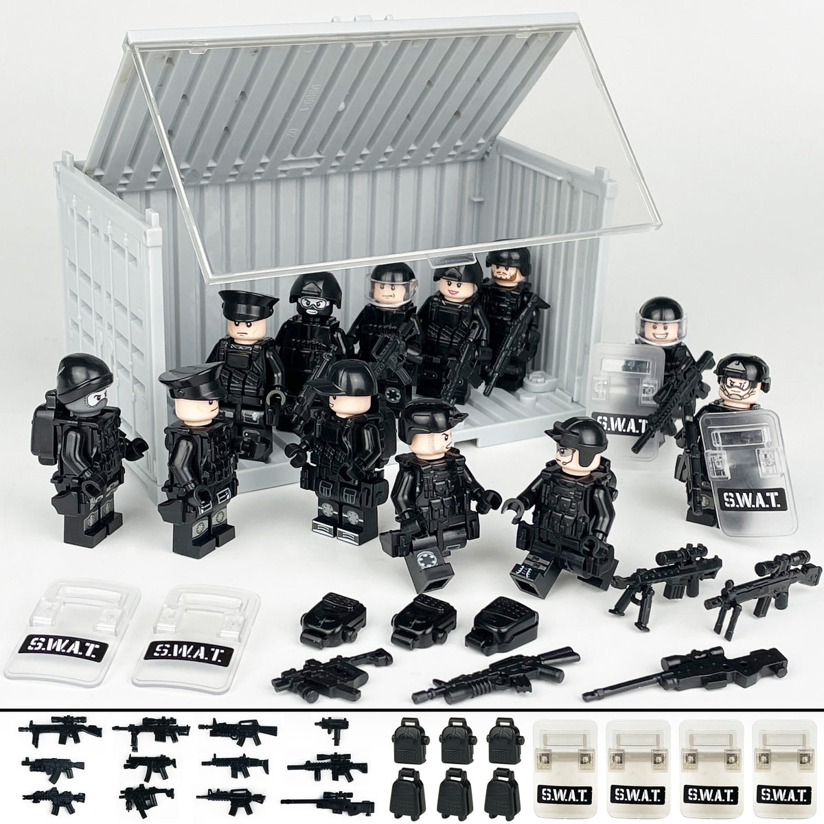 SWAT Team Special Forces 12 Custom Minifigures + Container Box Display - H21
