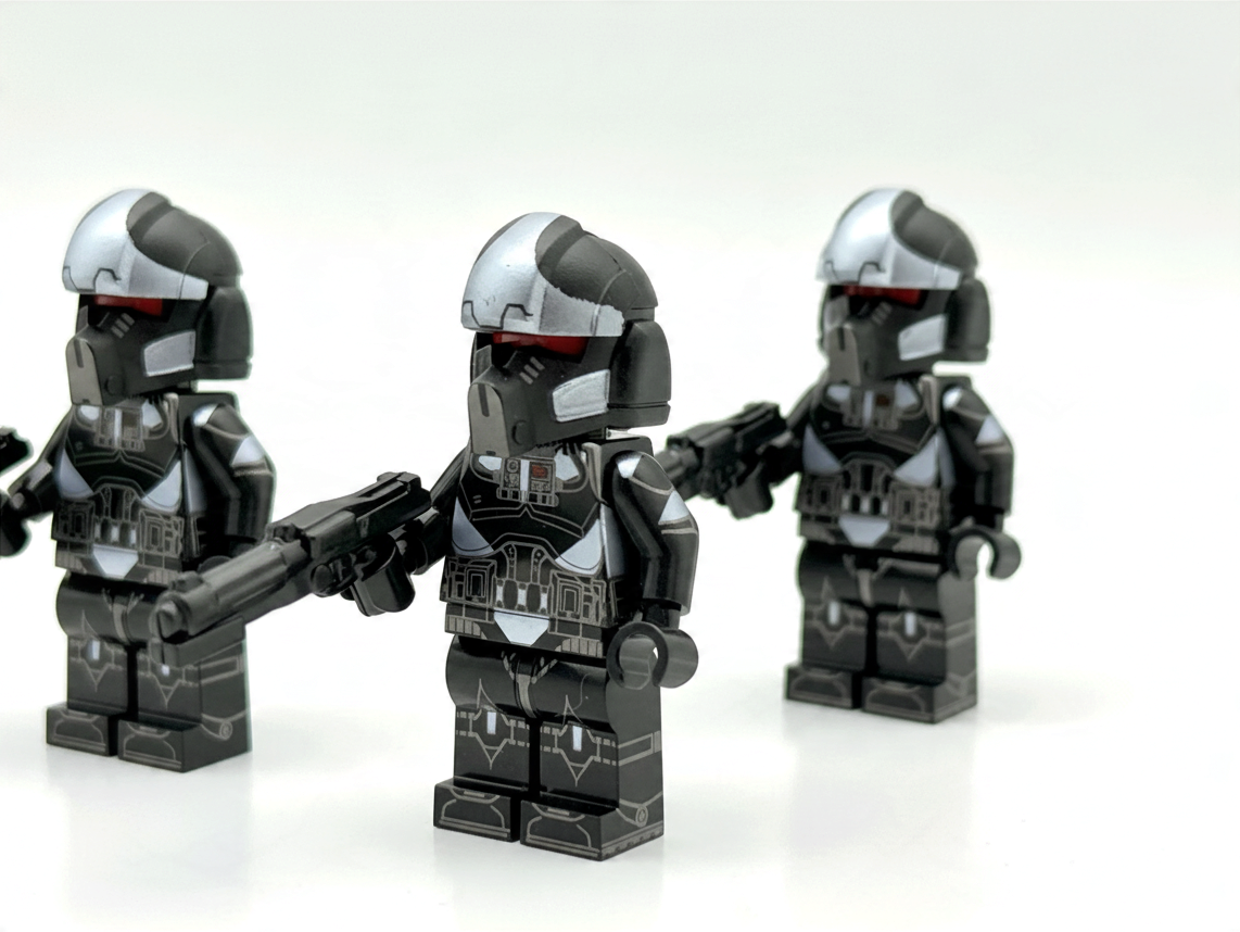 JMFCustoms Star Wars Phase 2 Shadow Clone Pilot minifigures in black and silver armor with blasters