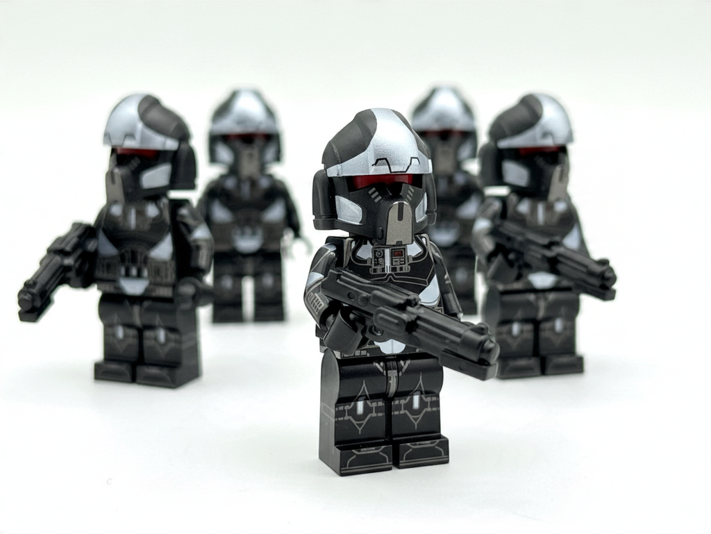 JMFCustoms Star Wars Phase 2 Shadow Clone Pilot Trooper minifigures in black and silver armor with red visors