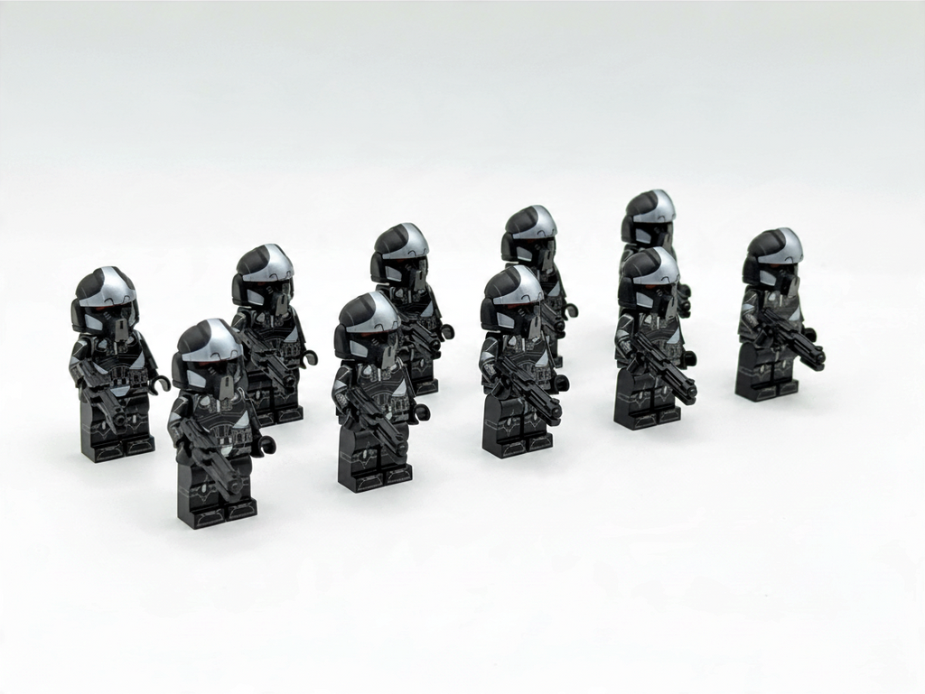 JMFCustoms Star Wars Phase 2 Shadow Clone Pilot Trooper minifigures in black and silver armor with blasters