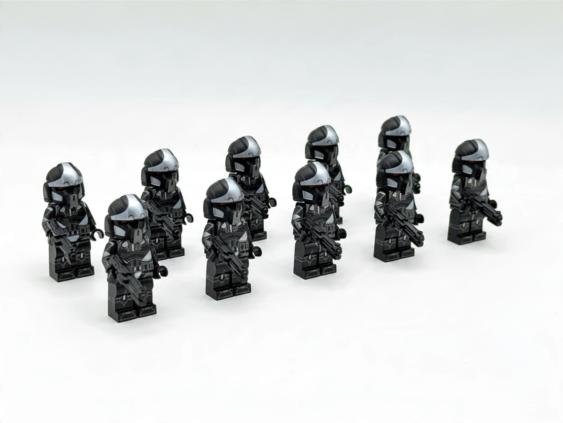 JMFCustoms Star Wars Phase 2 Shadow Clone Pilot Trooper minifigures in black and silver armor with blasters
